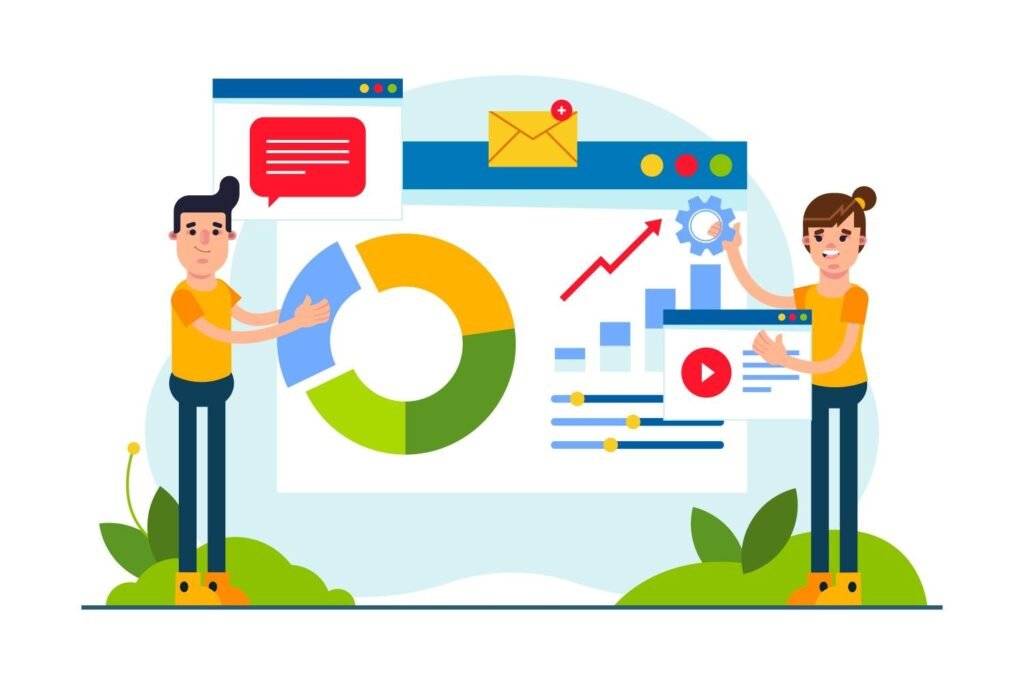 Illustration of two people analyzing digital marketing data with charts, graphs, google ads, email, and video content, representing business growth and online marketing strategy