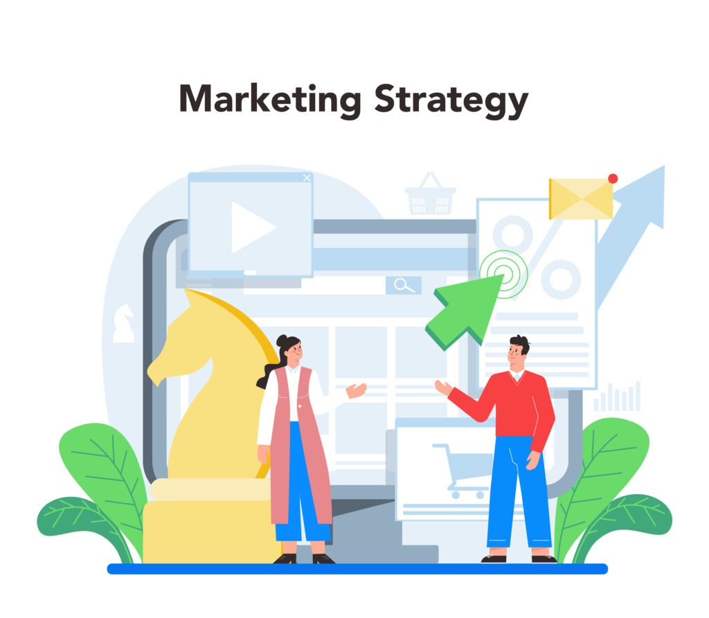 Illustration of a marketing strategy concept showing two people discussing growth, with digital screens, charts, google ads, marketing stategy, email icon, and upward arrow representing business growth and online marketing planning