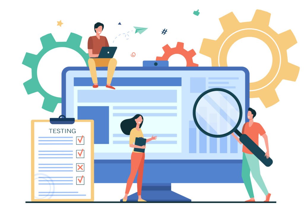 Illustration of a technical SEO audit process featuring website testing, analytics review, search optimization, performance analysis, and team collaboration around a desktop dashboard.