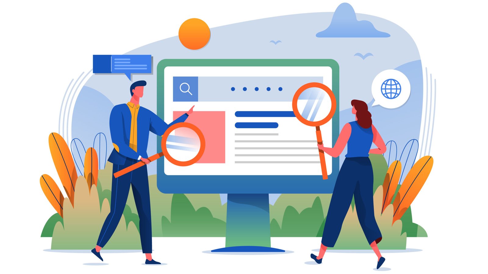 Illustration showing how to rank new website on Google with SEO analysis, keyword research, and website optimization on a computer screen.