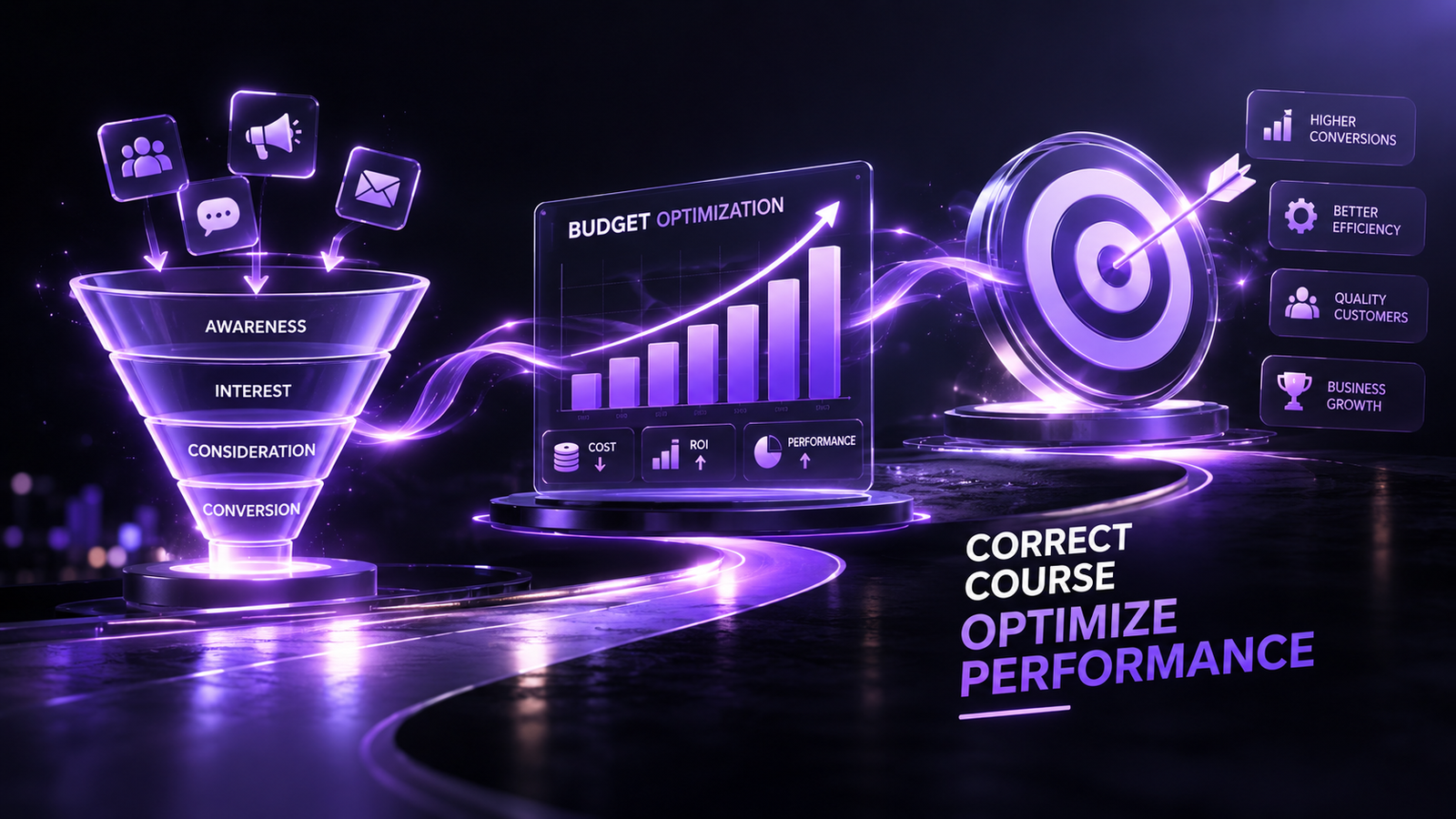Marketing funnel and budget optimization dashboard showing improved Google Ads performance max mistakes