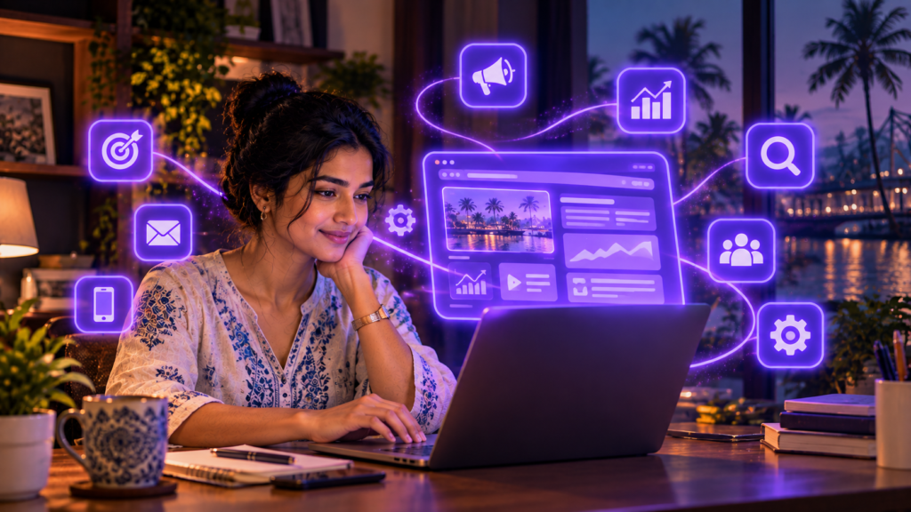 Digital marketer reviewing a technical SEO and website performance dashboard