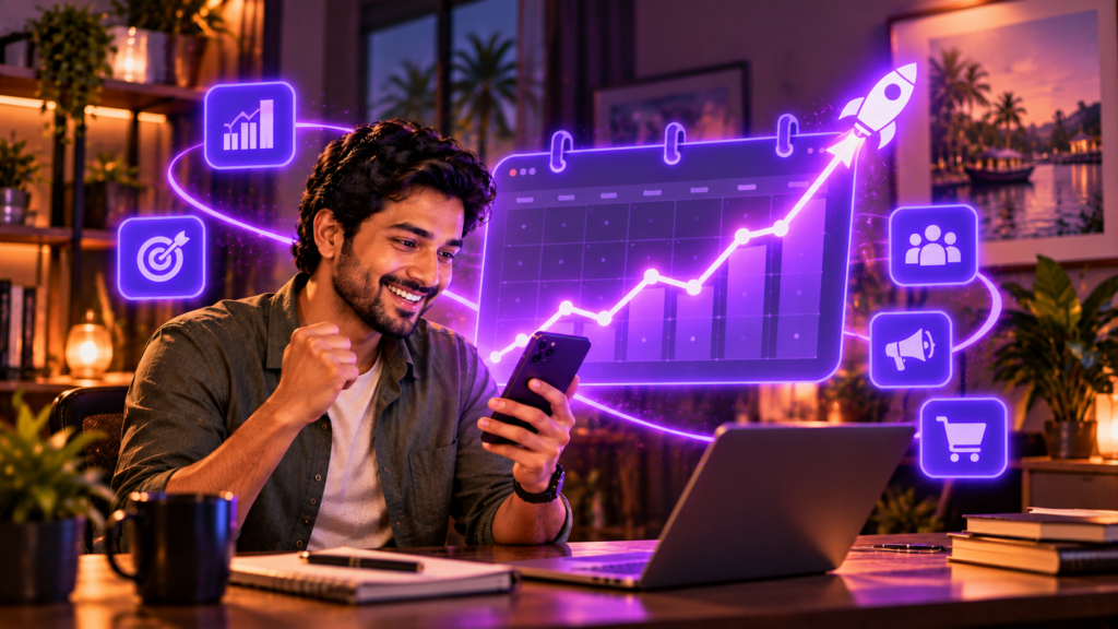 Business owner tracking website ranking growth on a phone over a 90-day period