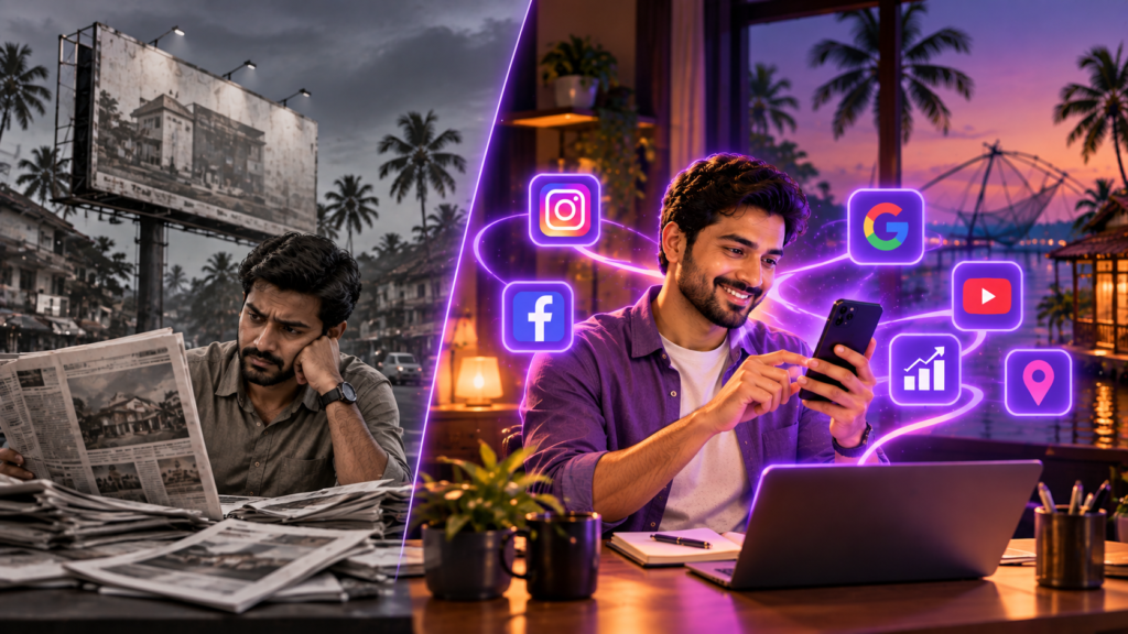 Split comparison of traditional marketing versus digital marketing for a Kochi business