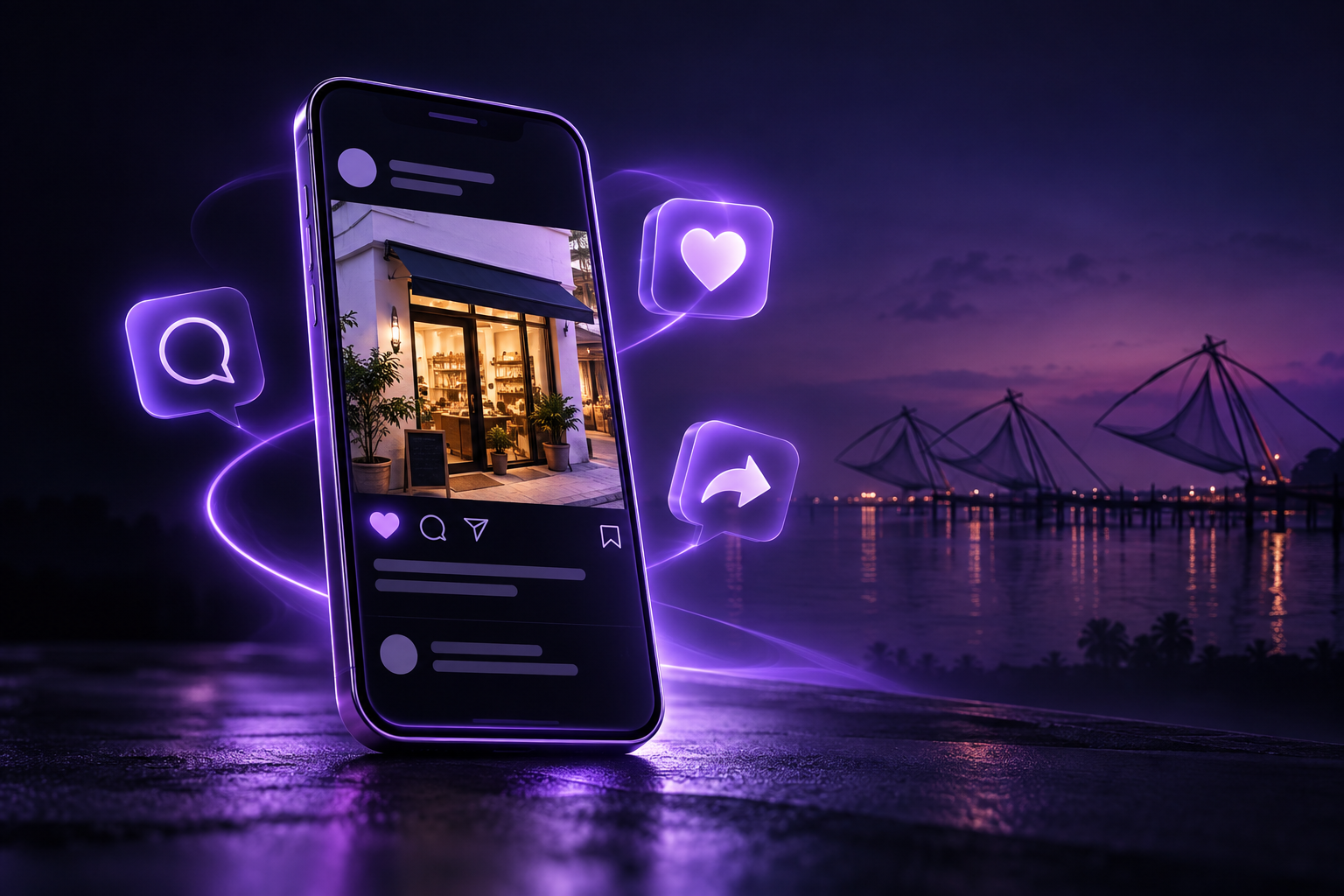 Small business Instagram post glowing on a phone with Kochi's Chinese fishing nets in the background, illustrating social media marketing tips for small businesses in Kochi