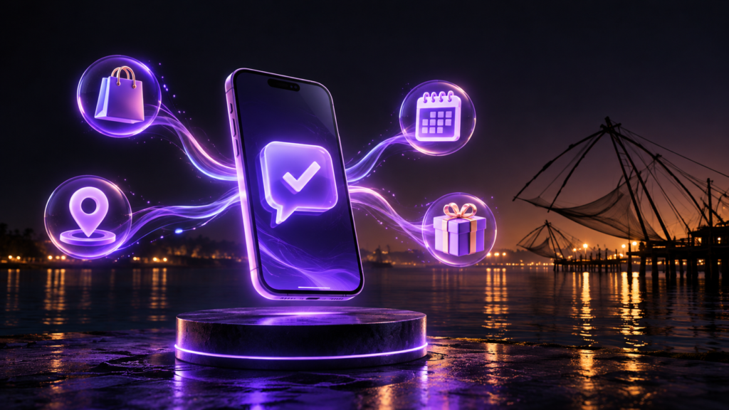 WhatsApp marketing for small businesses in Kochi shown as a glowing phone chat linked to shopping, booking, location and offers