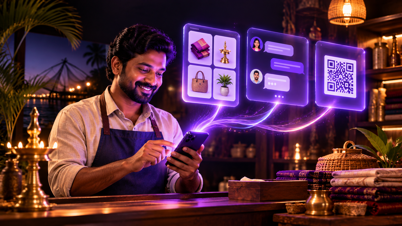 Kochi shop owner using a WhatsApp Business catalog, chats and a QR code to serve customers